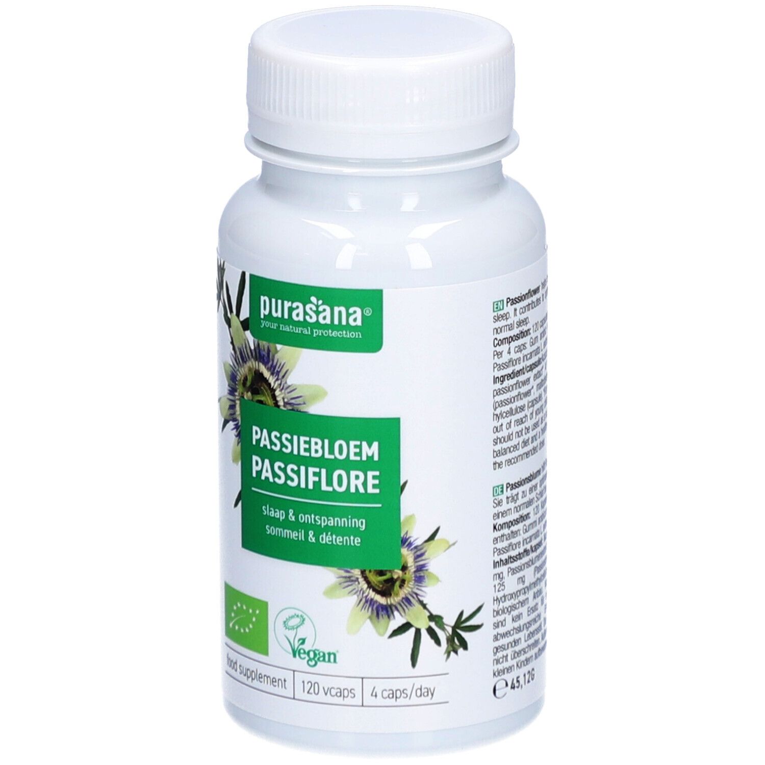 Flacon blanc de gélules. Inscription : Passiebloem Passiflore. Label végan. 120 gélules, 4 par jour.