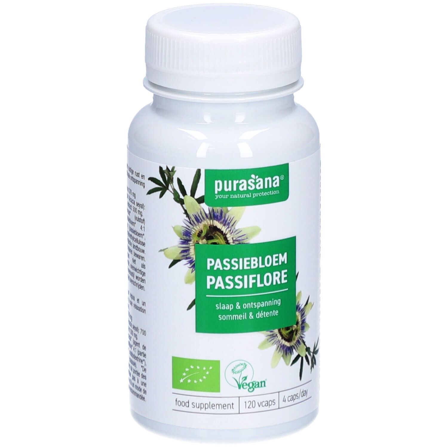 Flacon blanc de gélules. Inscription : Passiebloem Passiflore. Label végan. 120 gélules, 4 par jour.