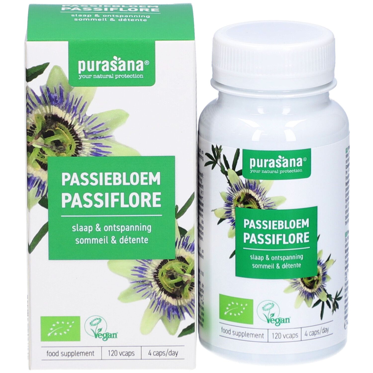 Emballage et flacon. Inscription : Passiebloem Passiflore. Label végan. 120 gélules, 4 par jour.