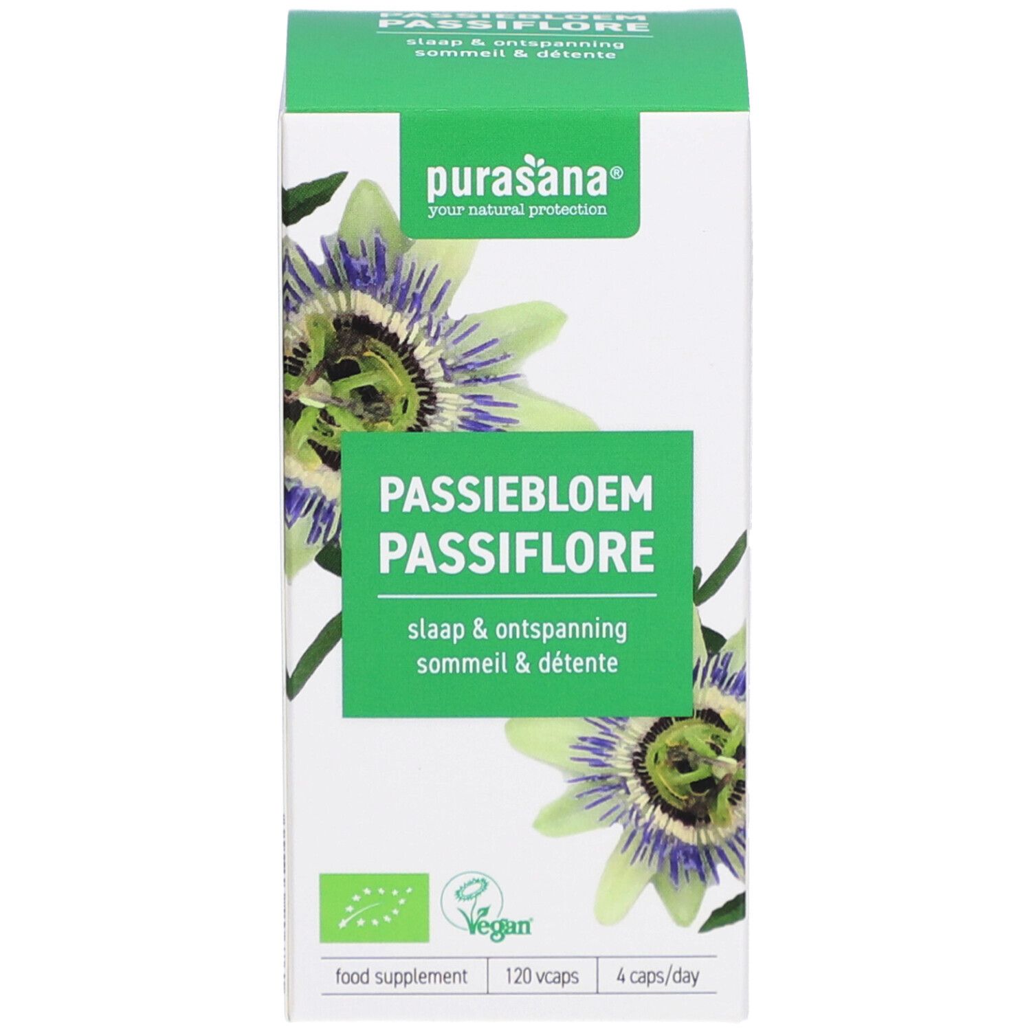 Emballage du produit. Inscription : Passiebloem Passiflore. Label végan. 120 gélules, 4 par jour.