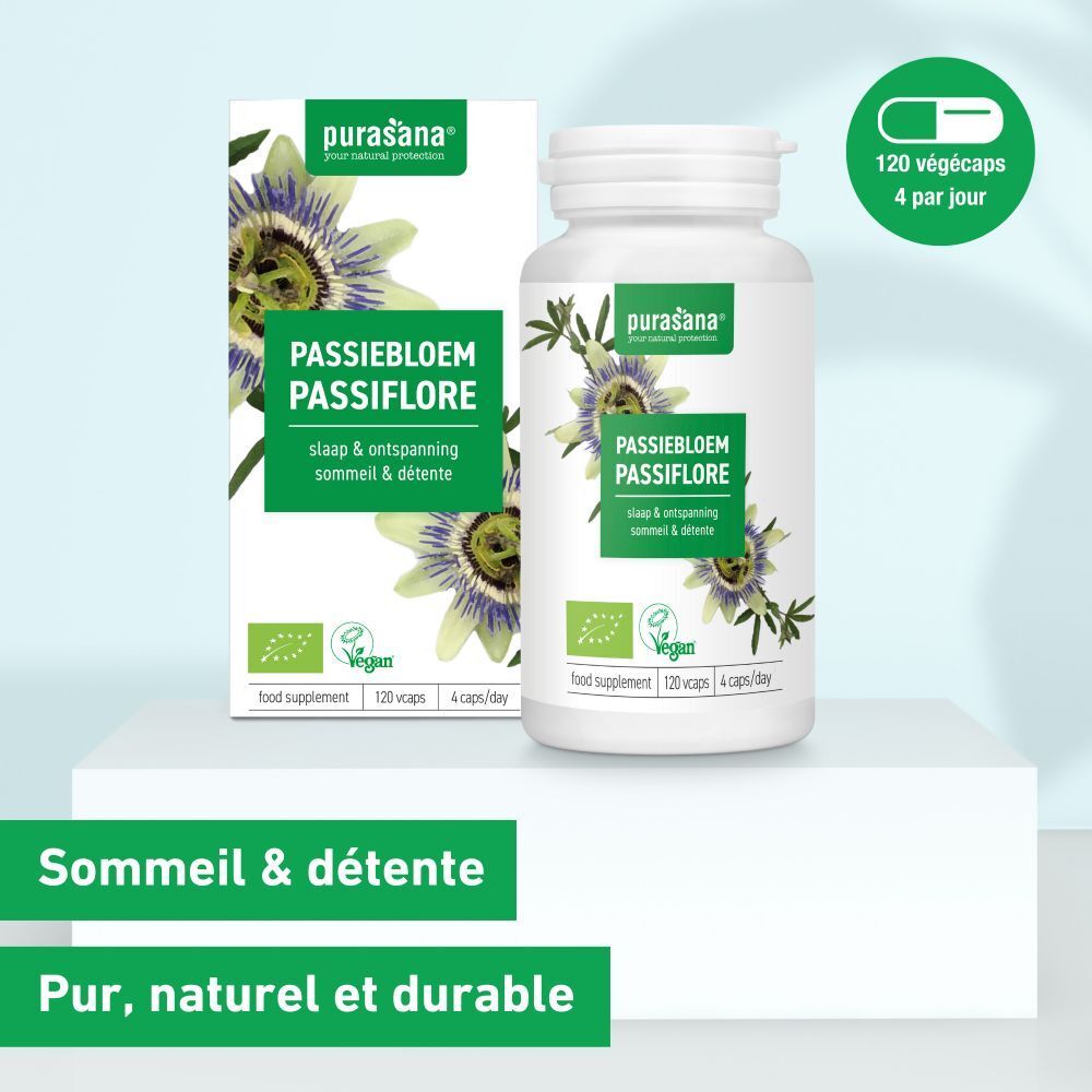 Emballage et flacon. Inscription : Passiebloem Passiflore. Label végan. 120 gélules, 4 par jour.