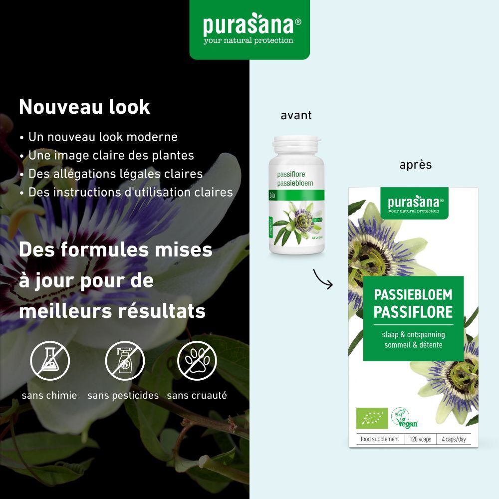 Comparaison : ancien et nouveau design. Flacon et emballage. Inscription : Passiebloem Passiflore.