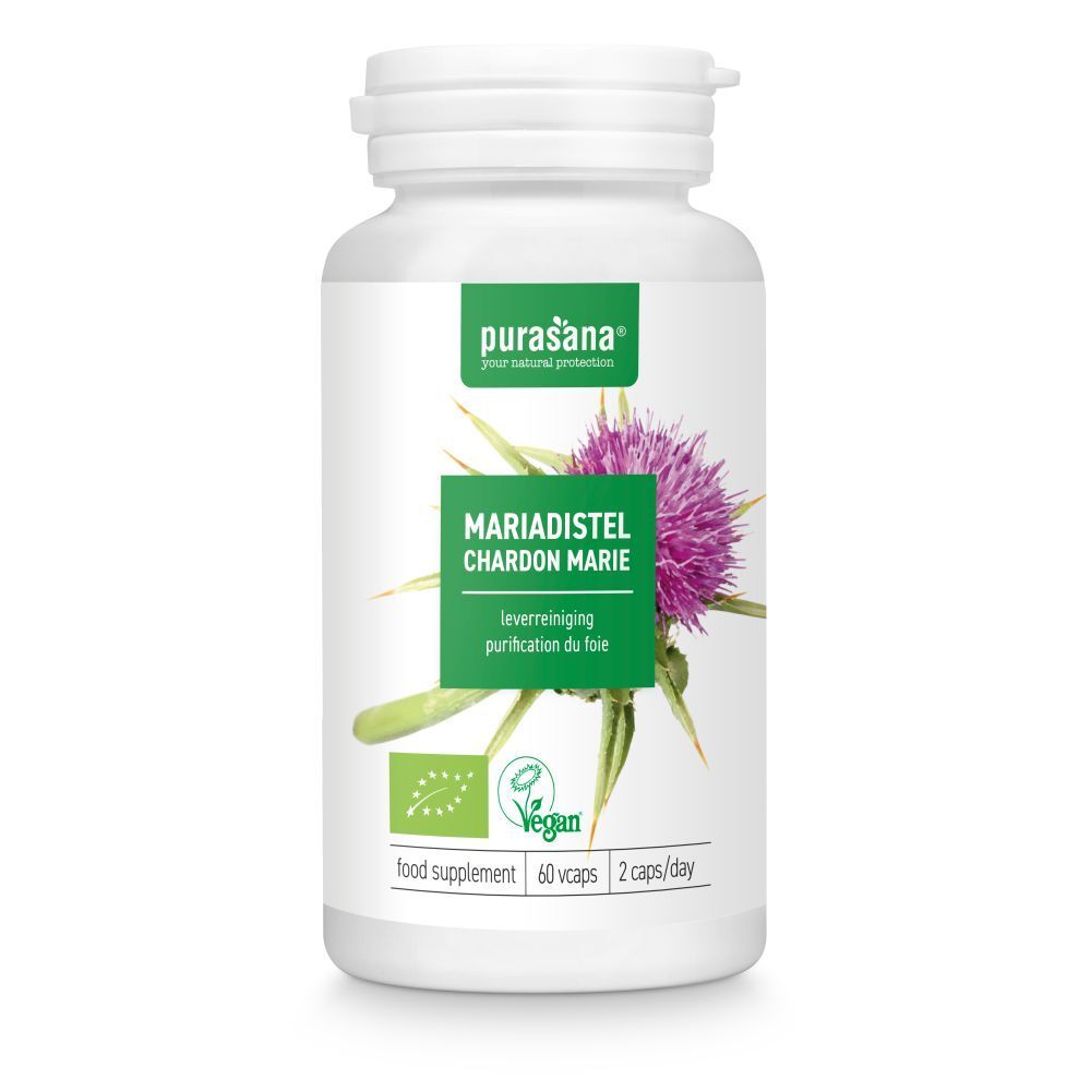 Witte fles met capsules. Opschrift: Mariadistel, Chardon Marie. Vegan-label. 60 capsules, 2/dag.