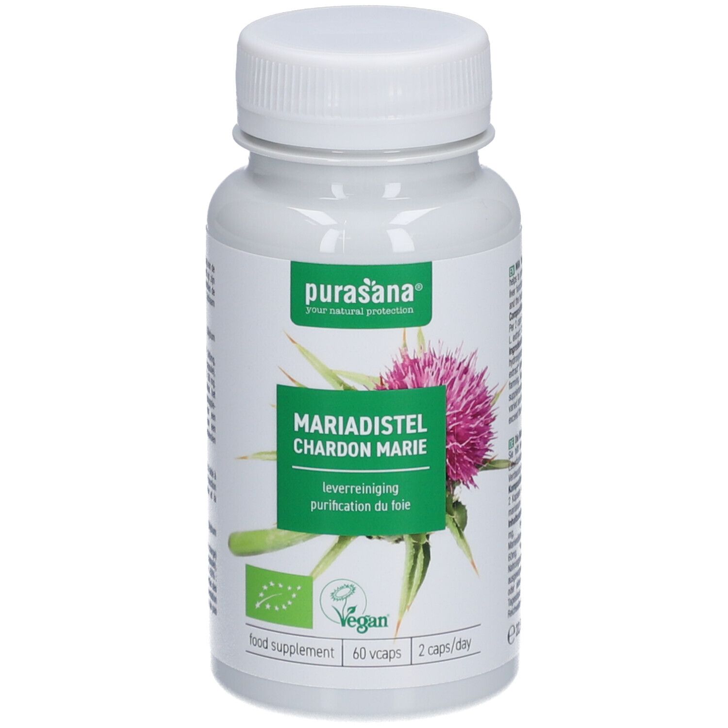 Witte fles met capsules. Opschrift: Mariadistel, Chardon Marie. Vegan-label. 60 capsules, 2/dag.