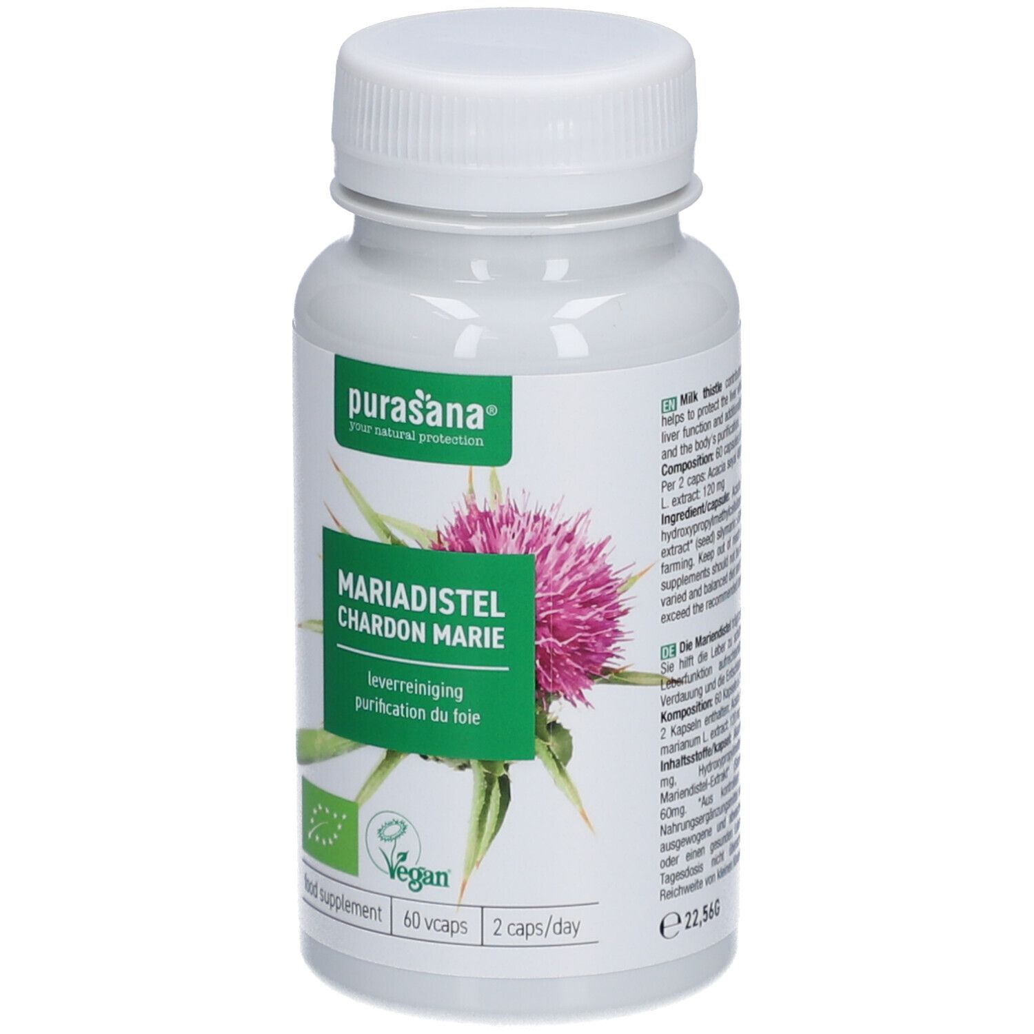 Witte fles met capsules. Opschrift: Mariadistel, Chardon Marie. Vegan-label. 60 capsules, 2/dag.
