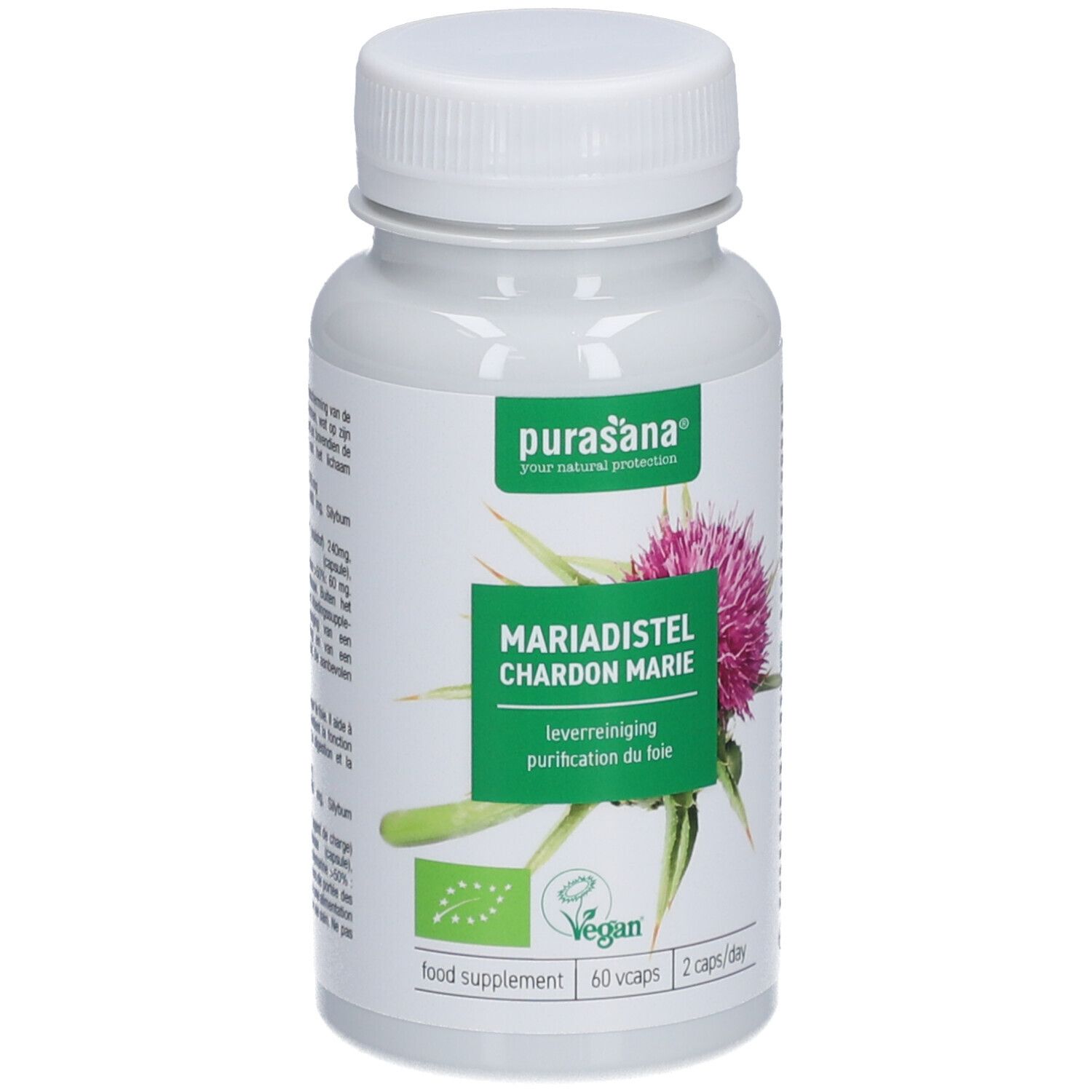 Witte fles met capsules. Opschrift: Mariadistel, Chardon Marie. Vegan-label. 60 capsules, 2/dag.