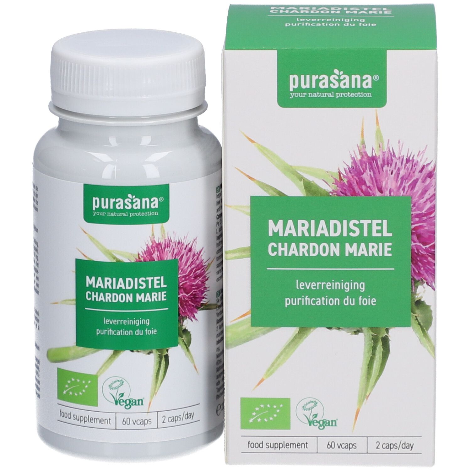 Fles en doos met capsules. Opschrift: Mariadistel, Chardon Marie. Vegan-label. 60 capsules, 2/dag.