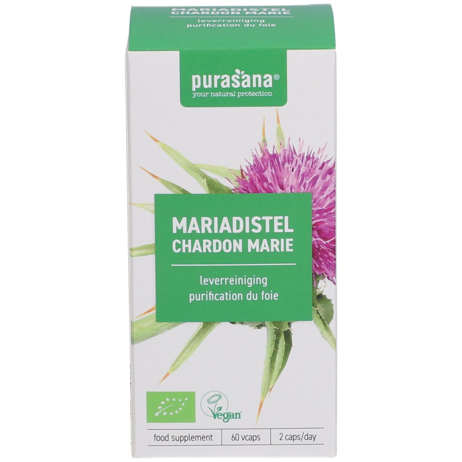 Doos met capsules. Opschrift: Mariadistel, Chardon Marie. Vegan-label. 60 capsules, 2/dag.