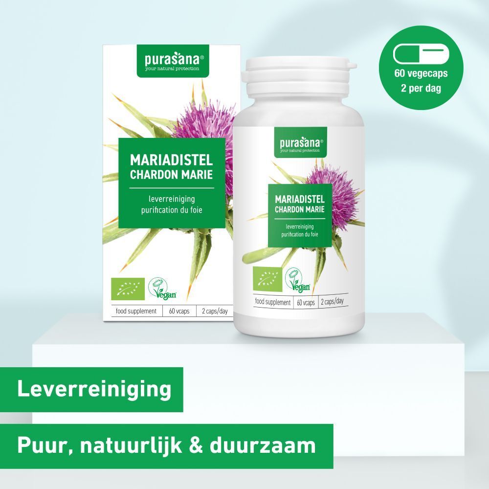 Fles en doos met capsules. Opschrift: Mariadistel, Chardon Marie. Vegan-label. 60 capsules, 2/dag.