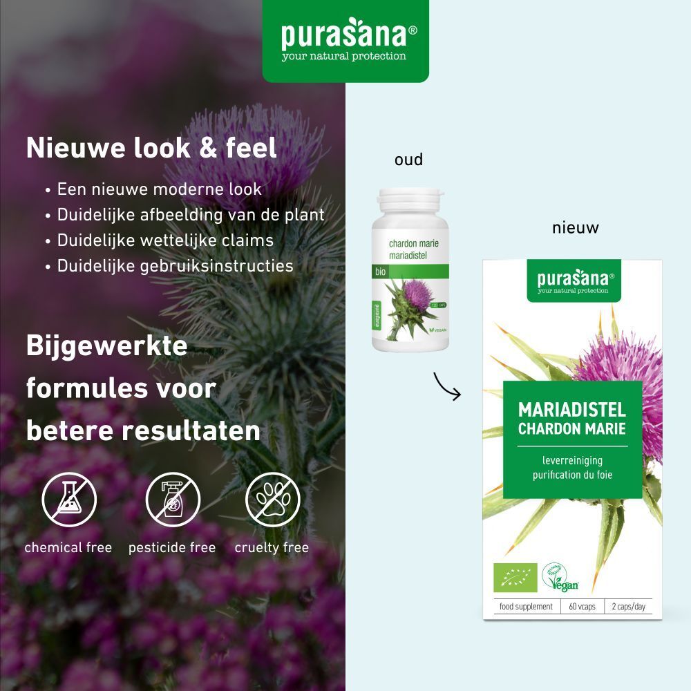 Fles en doos met capsules. Opschrift: Mariadistel, Chardon Marie. Vegan-label. 60 capsules, 2/dag.