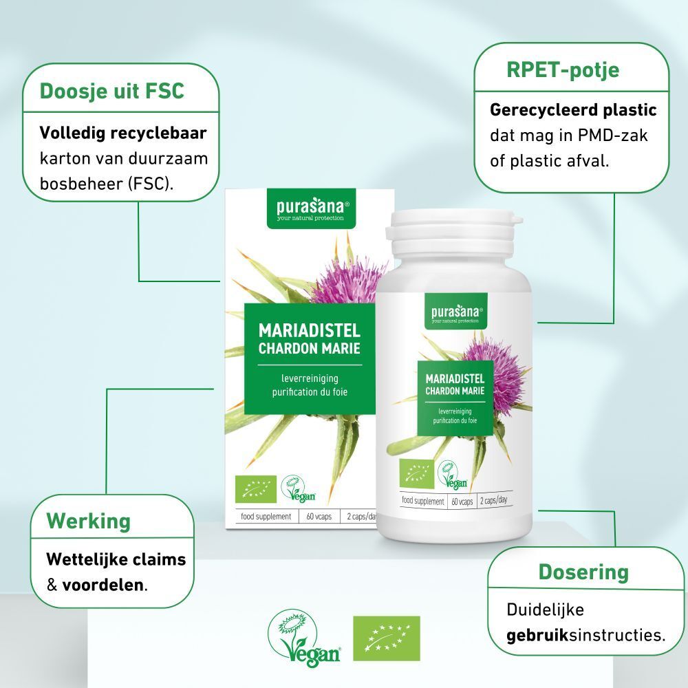 Fles en doos met capsules. Opschrift: Mariadistel, Chardon Marie. Vegan-label. 60 capsules, 2/dag.