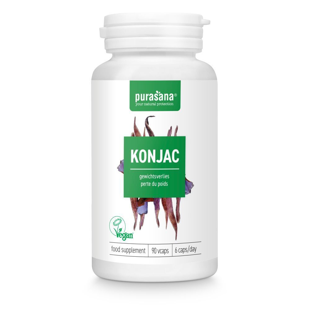 Witte fles met groen etiket. Opschrift KONJAC, vegan. 90 vegicaps, 6 caps/dag.