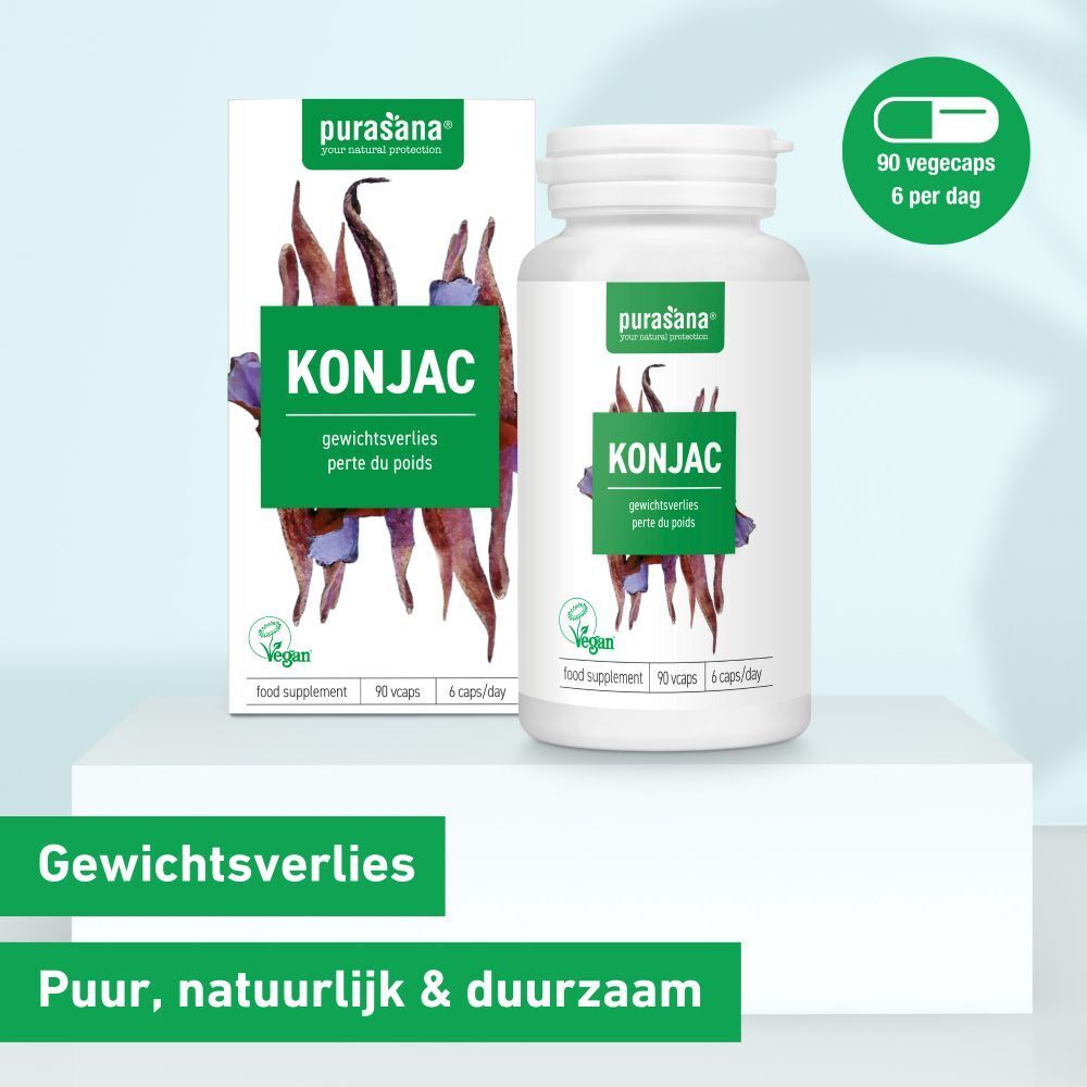 Verpakking en fles. Opschrift KONJAC, vegan. 90 vegicaps, 6 caps/dag. Gewichtsverlies.