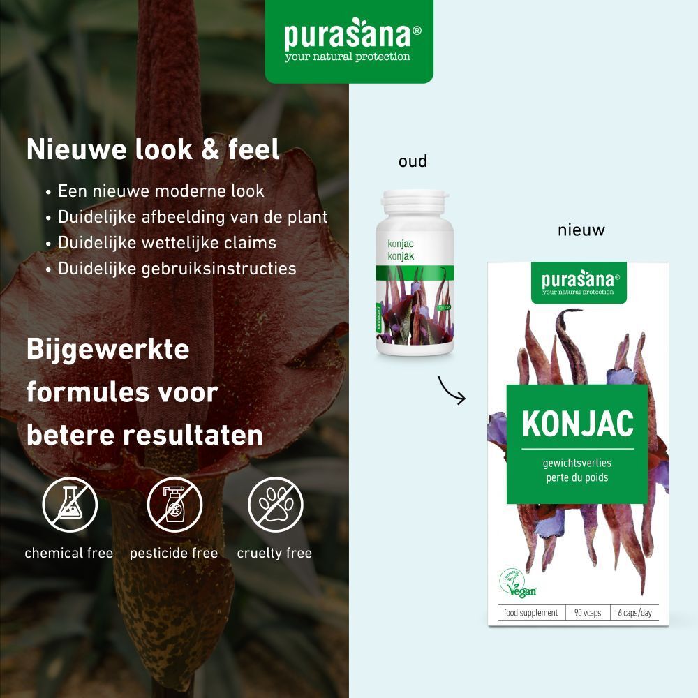 Vergelijking oude en nieuwe verpakking. Fles en doos met KONJAC-opschrift. Vegan.