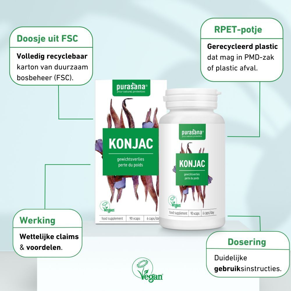 Verpakking en fles. Opschrift KONJAC, vegan. 90 vegicaps, 6 caps/dag. Informatie.