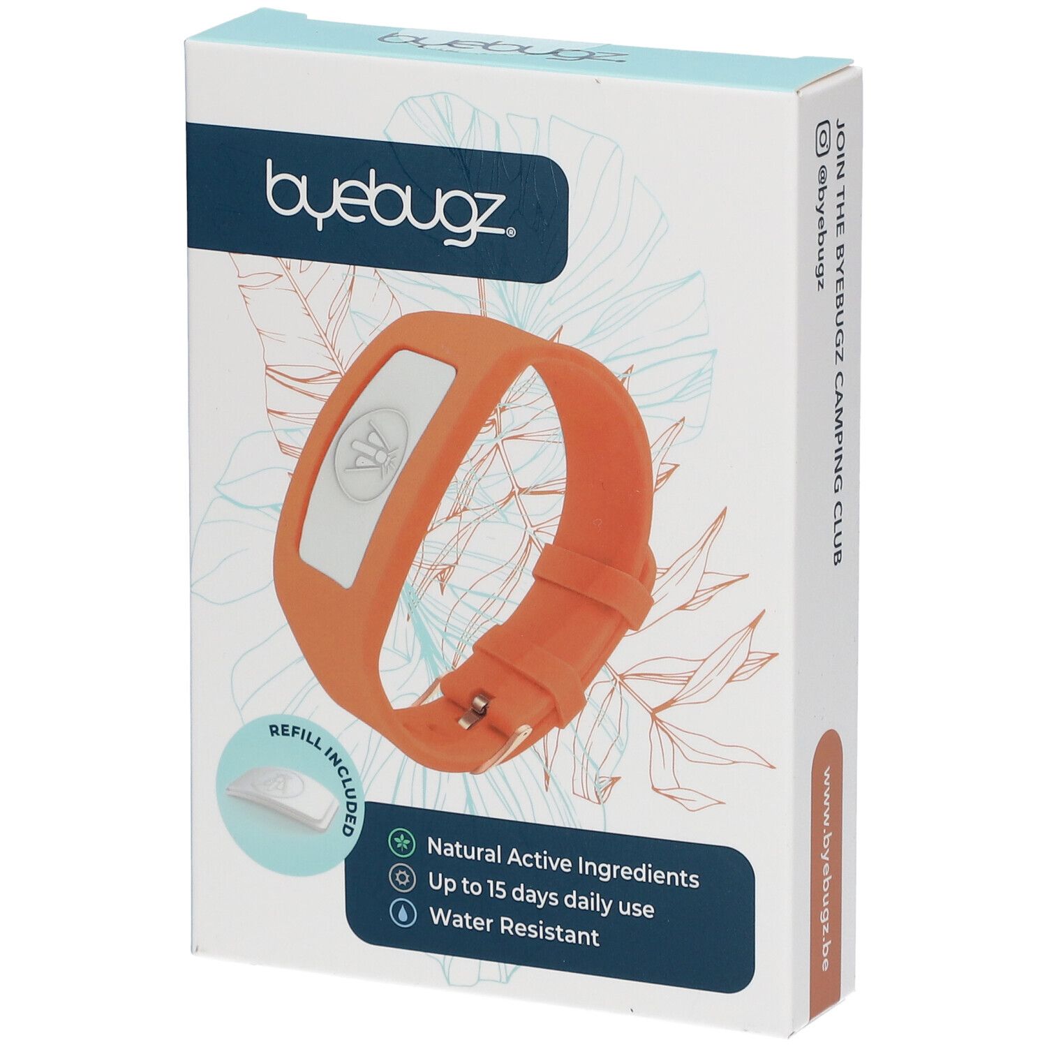 Oranje armband met wit element en navulling in verpakking. Opschrift: ByeBugz. Eigenschappen: Natuurlijke ingrediënten, tot 15 dagen gebruik, waterbestendig.