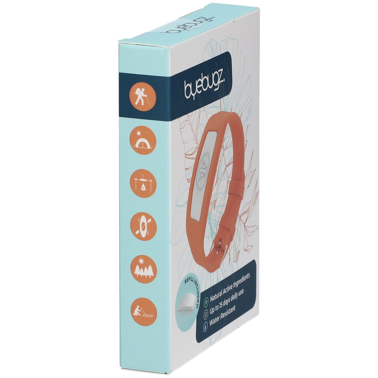 Verpakking met oranje armband en wit element. Opschrift: ByeBugz. Eigenschappen: Natuurlijke ingrediënten, tot 15 dagen gebruik, waterbestendig.