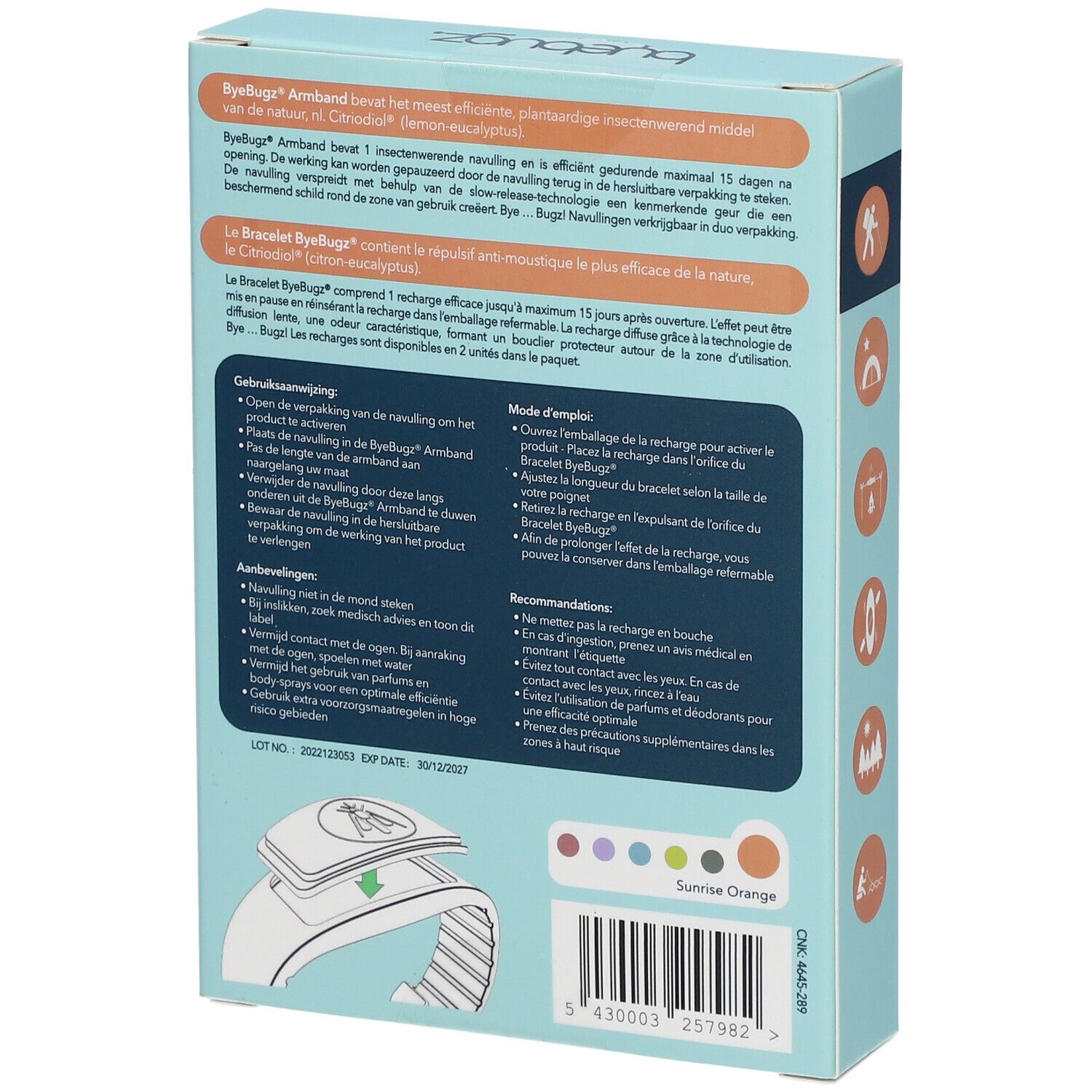 Achterkant van de verpakking met meertalige tekst. Afgebeeld: armband en navulling. Kleurenpalet: Sunrise Orange. Opschrift: ByeBugz.