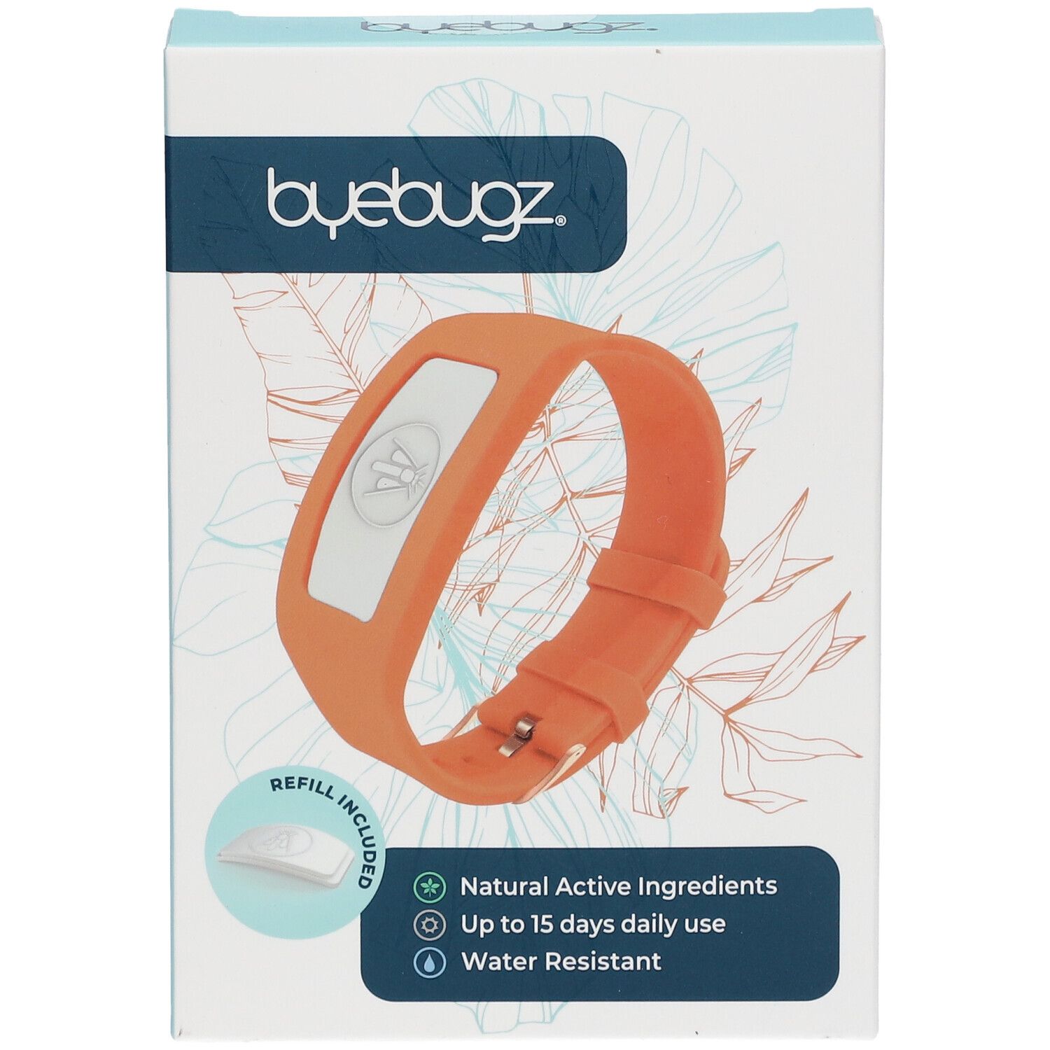 Oranje armband met wit element en navulling in verpakking. Opschrift: ByeBugz. Eigenschappen: Natuurlijke ingrediënten, tot 15 dagen gebruik, waterbestendig.