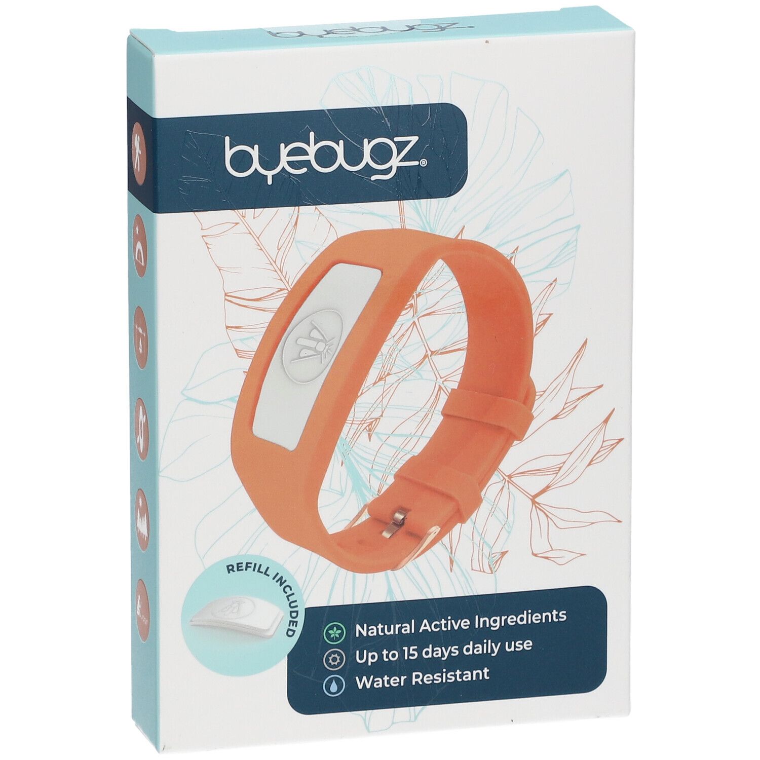 Oranje armband met wit element en navulling in verpakking. Opschrift: ByeBugz. Eigenschappen: Natuurlijke ingrediënten, tot 15 dagen gebruik, waterbestendig.