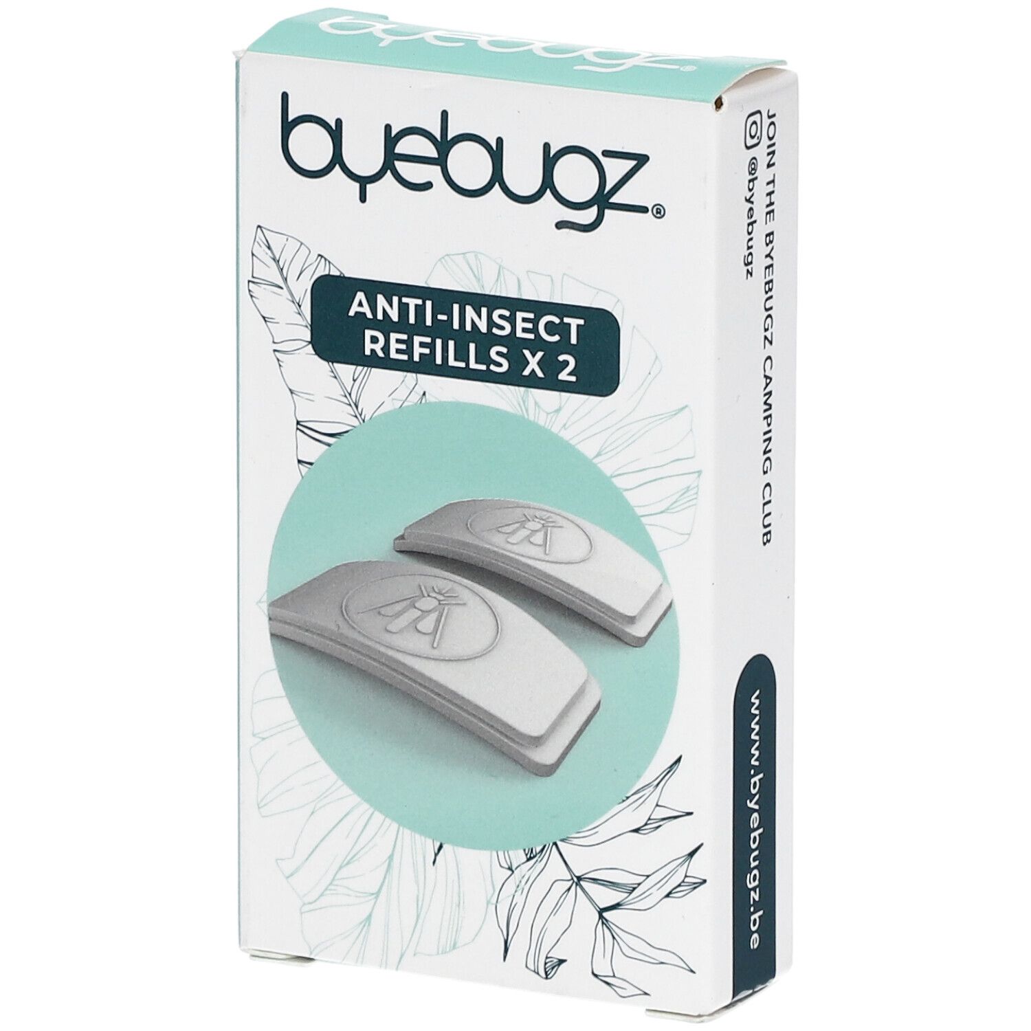 ByeBugz doos met twee anti-insect navullingen. Opschrift: Anti-Insect Refills x 2. Witte navullingen.