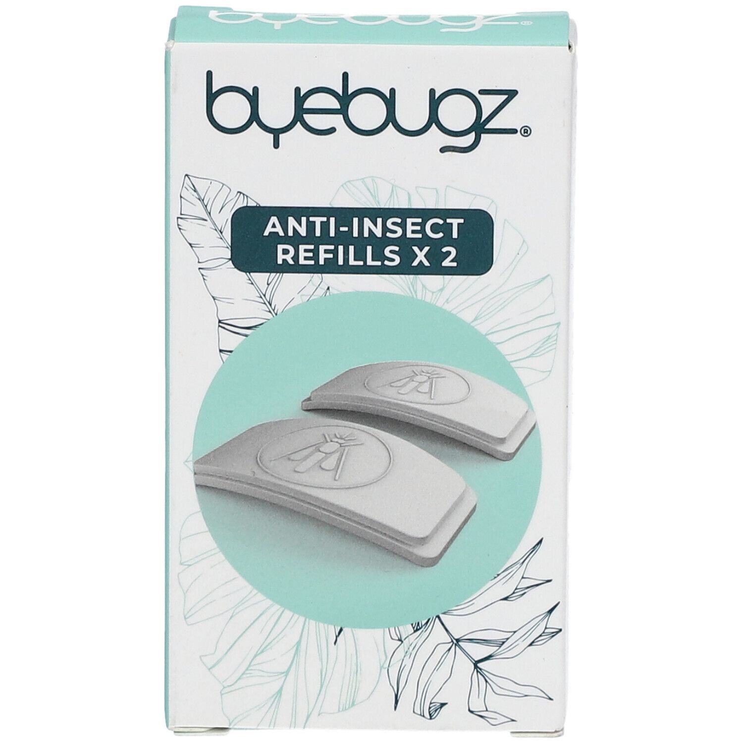 ByeBugz doos met twee anti-insect navullingen. Opschrift: Anti-Insect Refills x 2. Witte navullingen.
