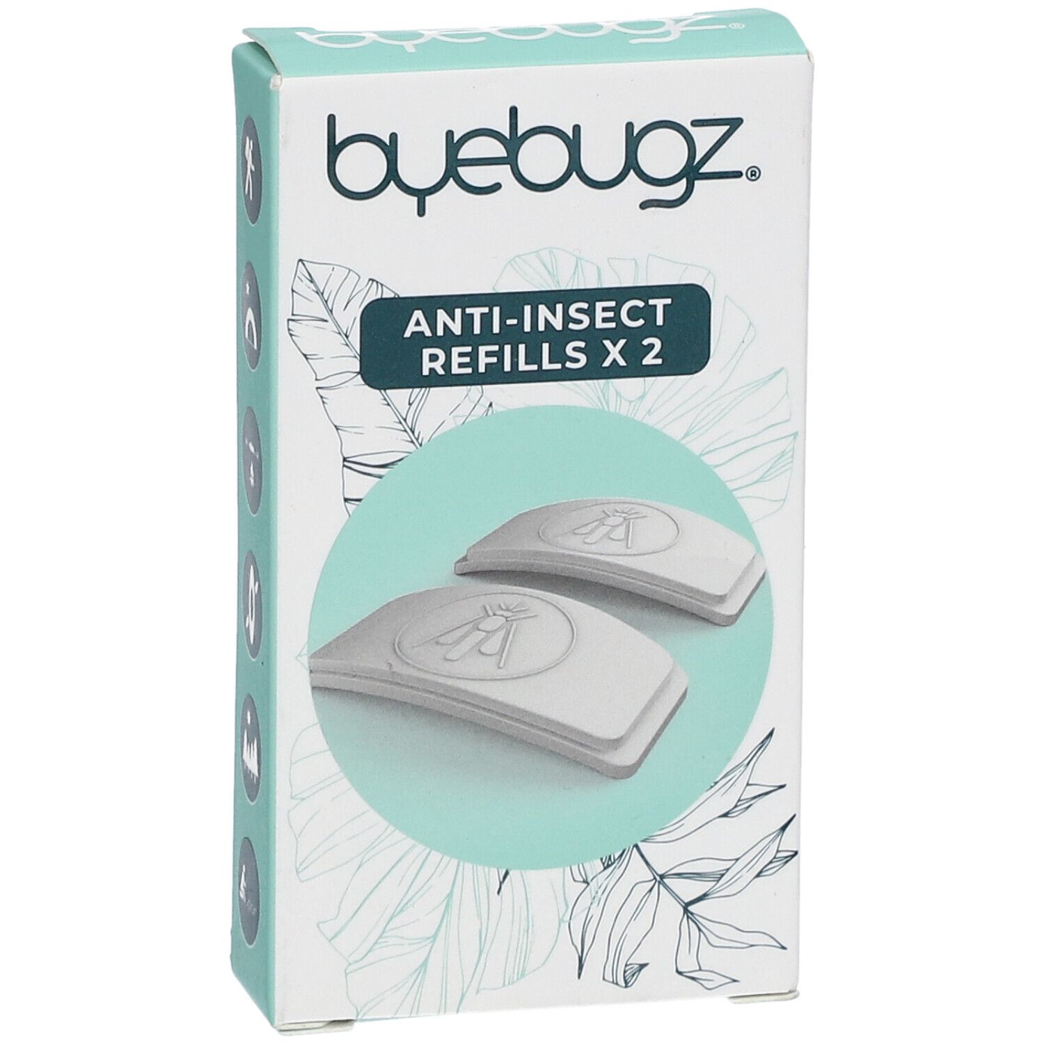 ByeBugz doos met twee anti-insect navullingen. Opschrift: Anti-Insect Refills x 2. Witte navullingen.