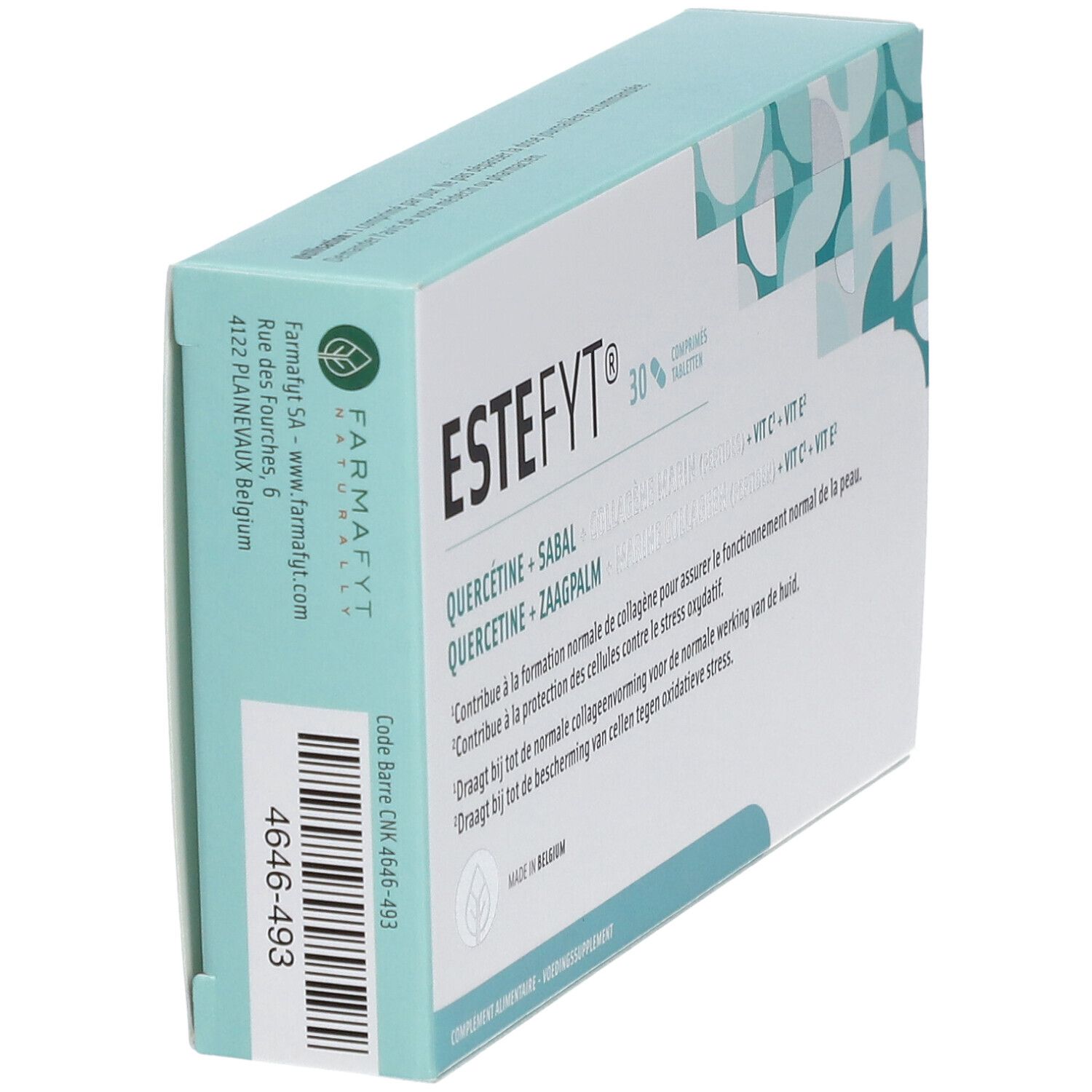 Doosje "Estefyt®" met tekst. Bevat quercetine, sabal, marien collageen, vitamine C en E. Barcode en logo.