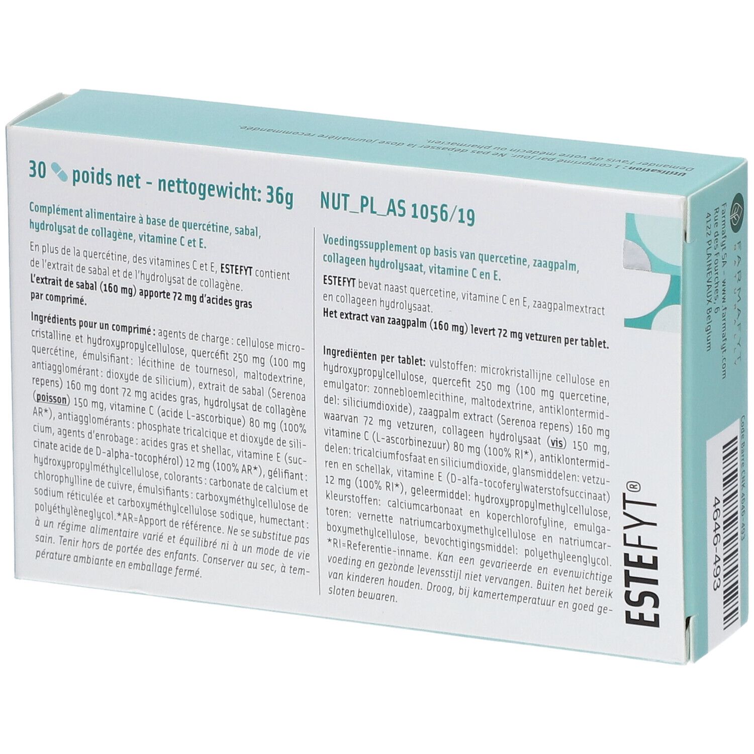 Achterkant van de "Estefyt®" doos. Bevat informatie over ingrediënten en voedingswaarde. 30 tabletten, 36g.
