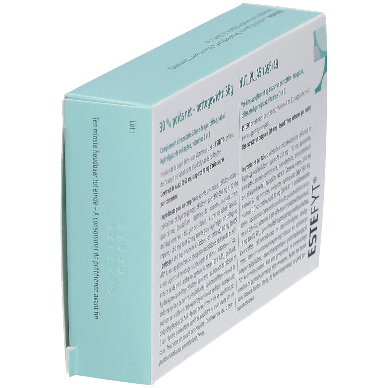 Zijaanzicht van de "Estefyt®" doos. Bevat informatie over ingrediënten en houdbaarheid. 30 tabletten, 36g.