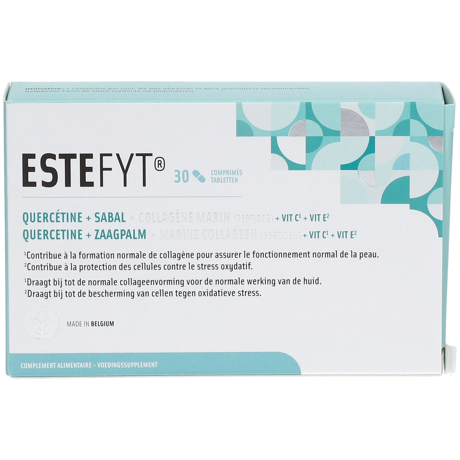 Doosje "Estefyt®" tabletten. Bevat quercetine, sabal, marien collageen, vitamine C en E. 30 tabletten.