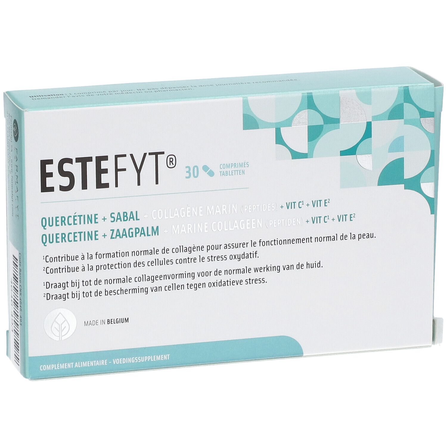 Doosje "Estefyt®" tabletten. Bevat quercetine, sabal, marien collageen, vitamine C en E. 30 tabletten.
