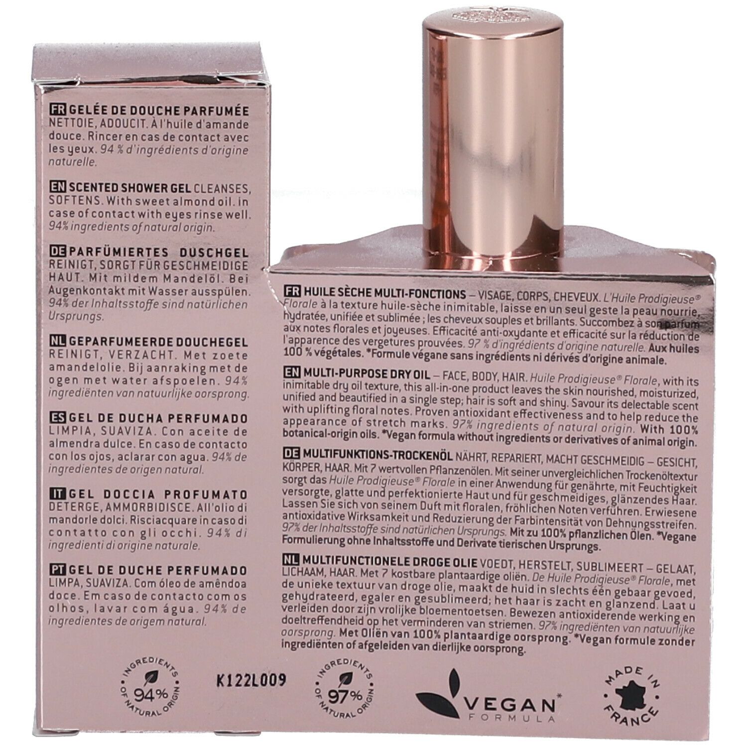Dos de la bouteille Nuxe Huile Prodigieuse® Florale et de la boîte cadeau. Texte multilingue, dont allemand et français.