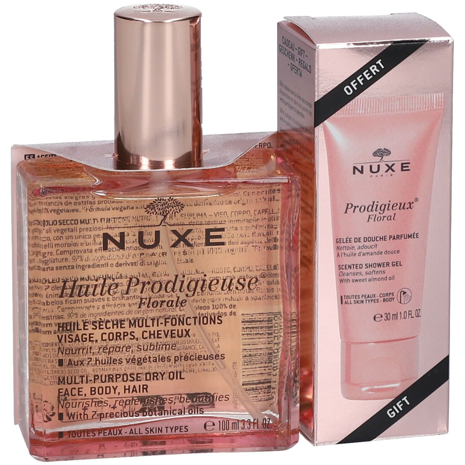 Coffret cadeau Nuxe Huile Prodigieuse® Florale et Prodigieux® Gelée de Douche Parfumée. Emballages roses.