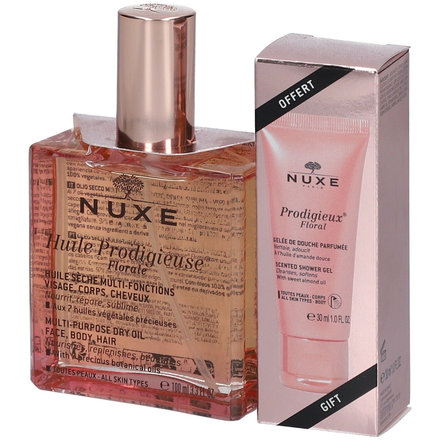 Coffret cadeau Nuxe Huile Prodigieuse® Florale et Prodigieux® Gelée de Douche Parfumée. Emballages roses.