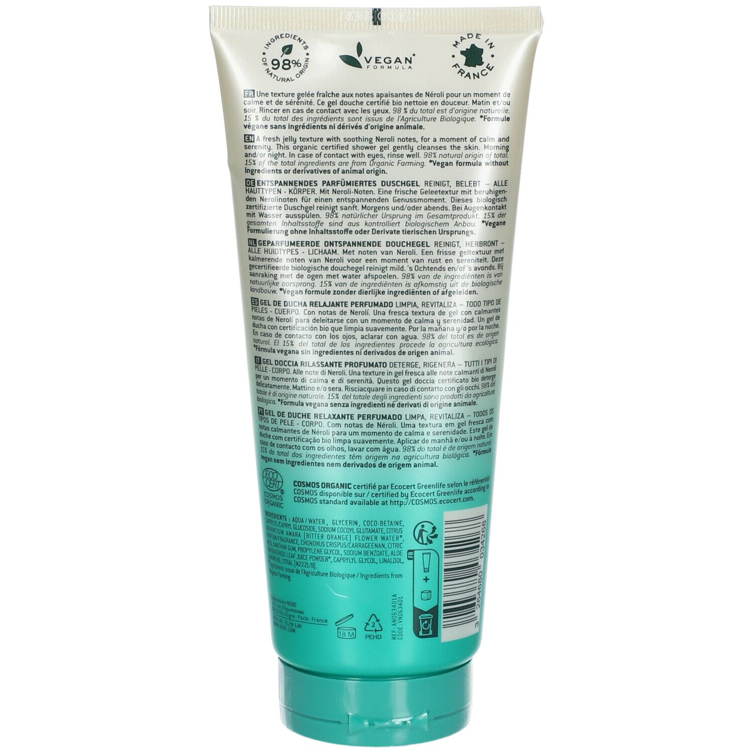 Dos du tube. Texte multilingue. Logo vegan. Certification bio.
