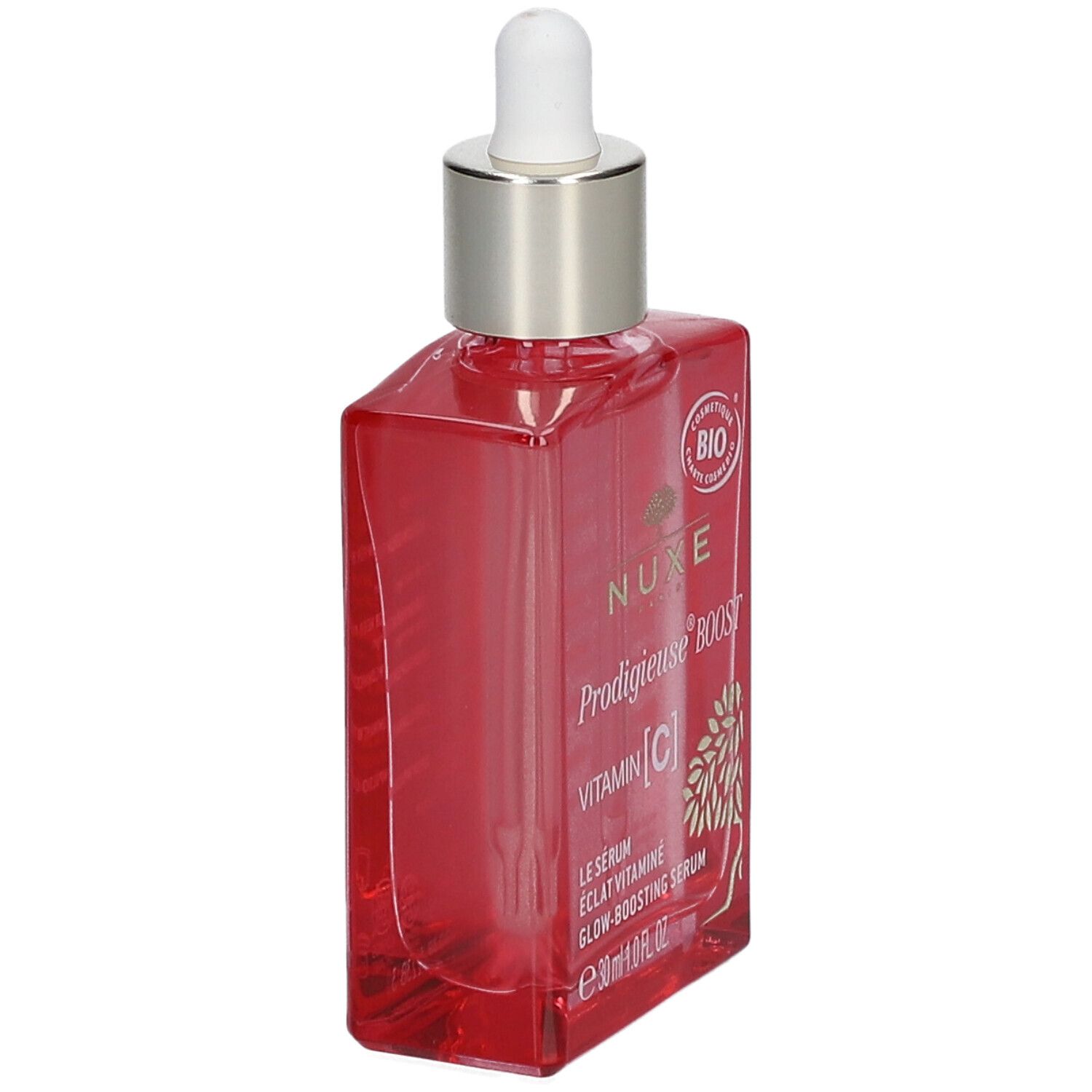 Rode serumfles met pipet. Opschrift: NUXE, Prodigieuse Boost, Vitamin [C].