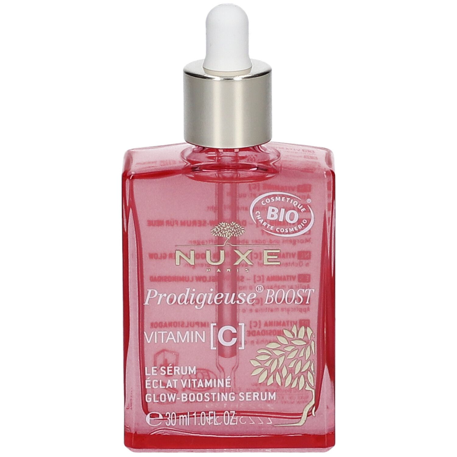 Rode serumfles met pipet. Opschrift: NUXE, Prodigieuse Boost, Vitamin [C].