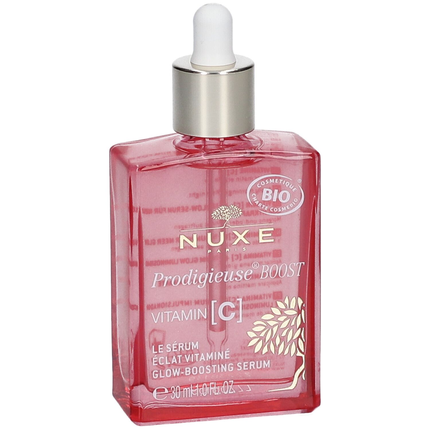 Rode serumfles met pipet. Opschrift: NUXE, Prodigieuse Boost, Vitamin [C].