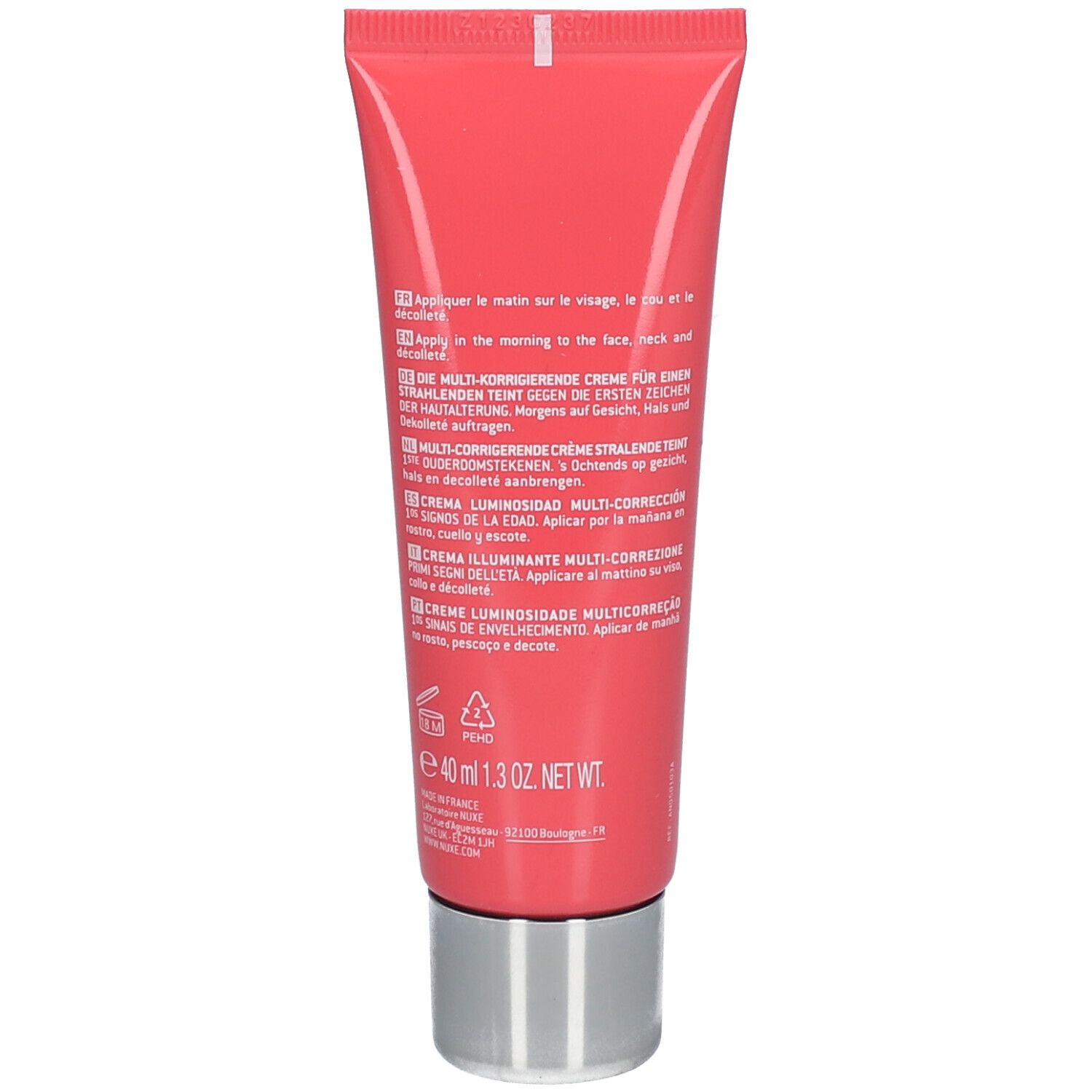 Achterkant van de roze tube. Meertalige tekst. Onderaan: 40 ml, 1.3 OZ NET WT. Recyclingsymbolen.