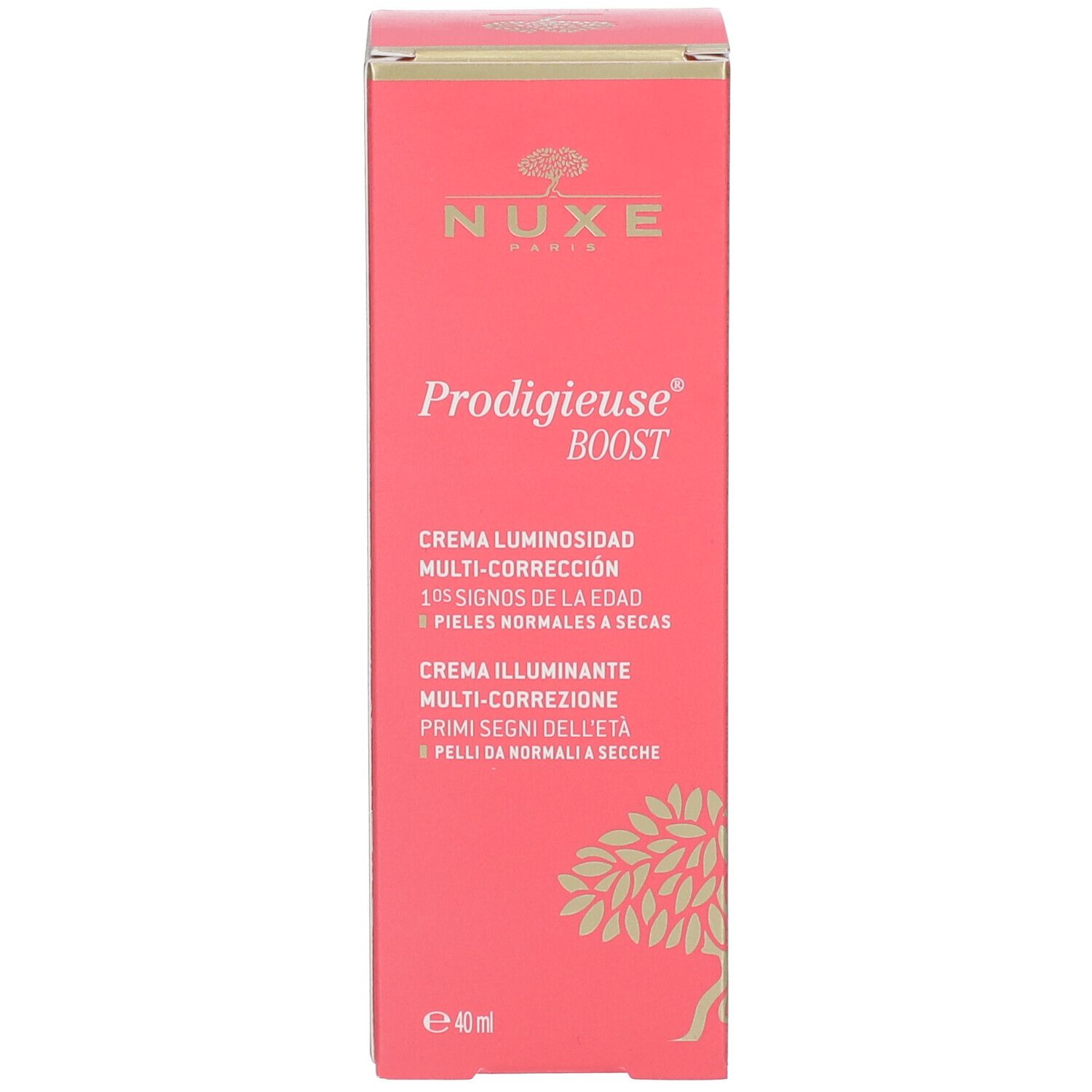 Zijkant van de roze doos. Opschrift: Nuxe, Prodigieuse Boost, La Crème Éclat Multi-Correction. Meertalige tekst.