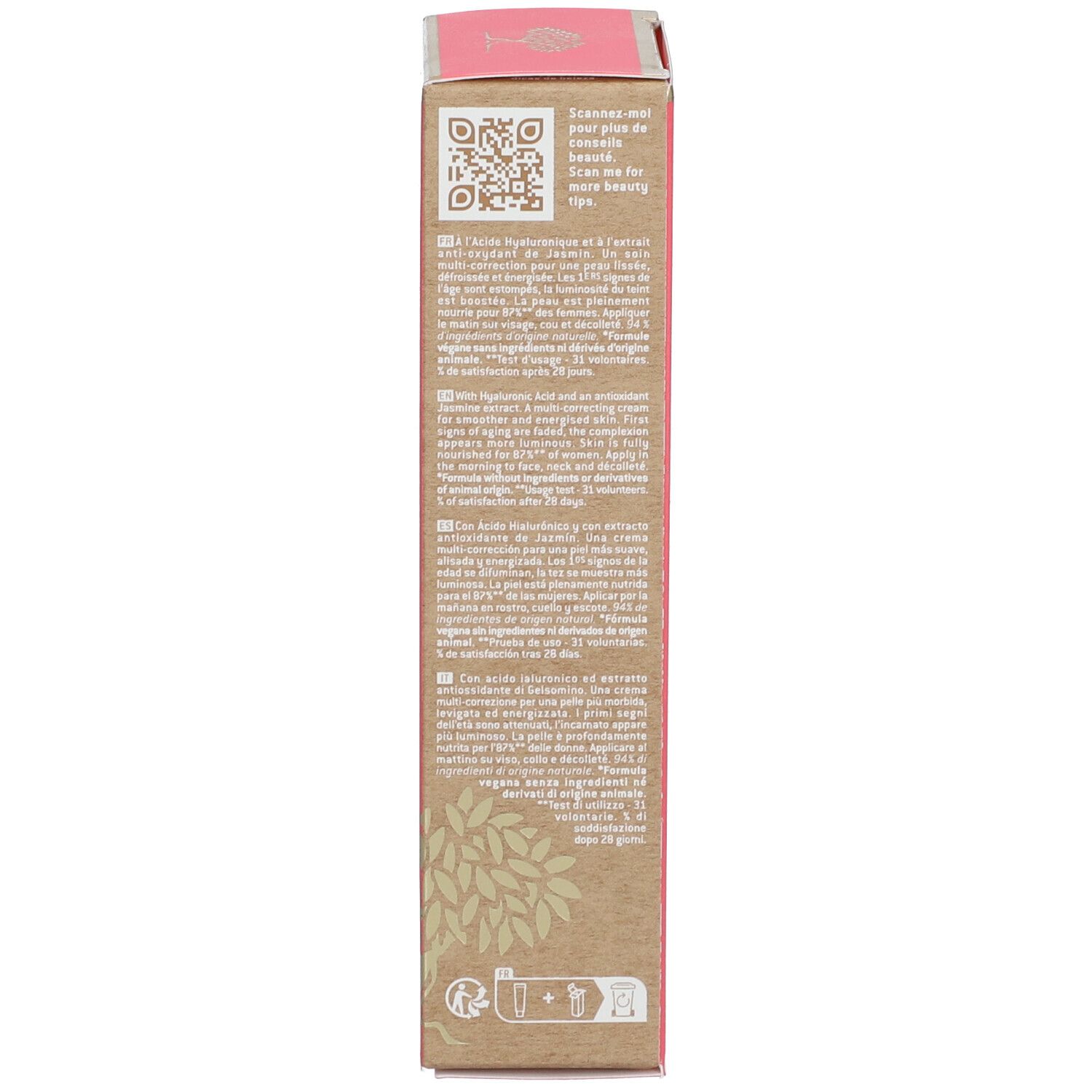 Zijkant van de doos. QR-code. Meertalige tekst. Informatie over gebruik en ingrediënten.