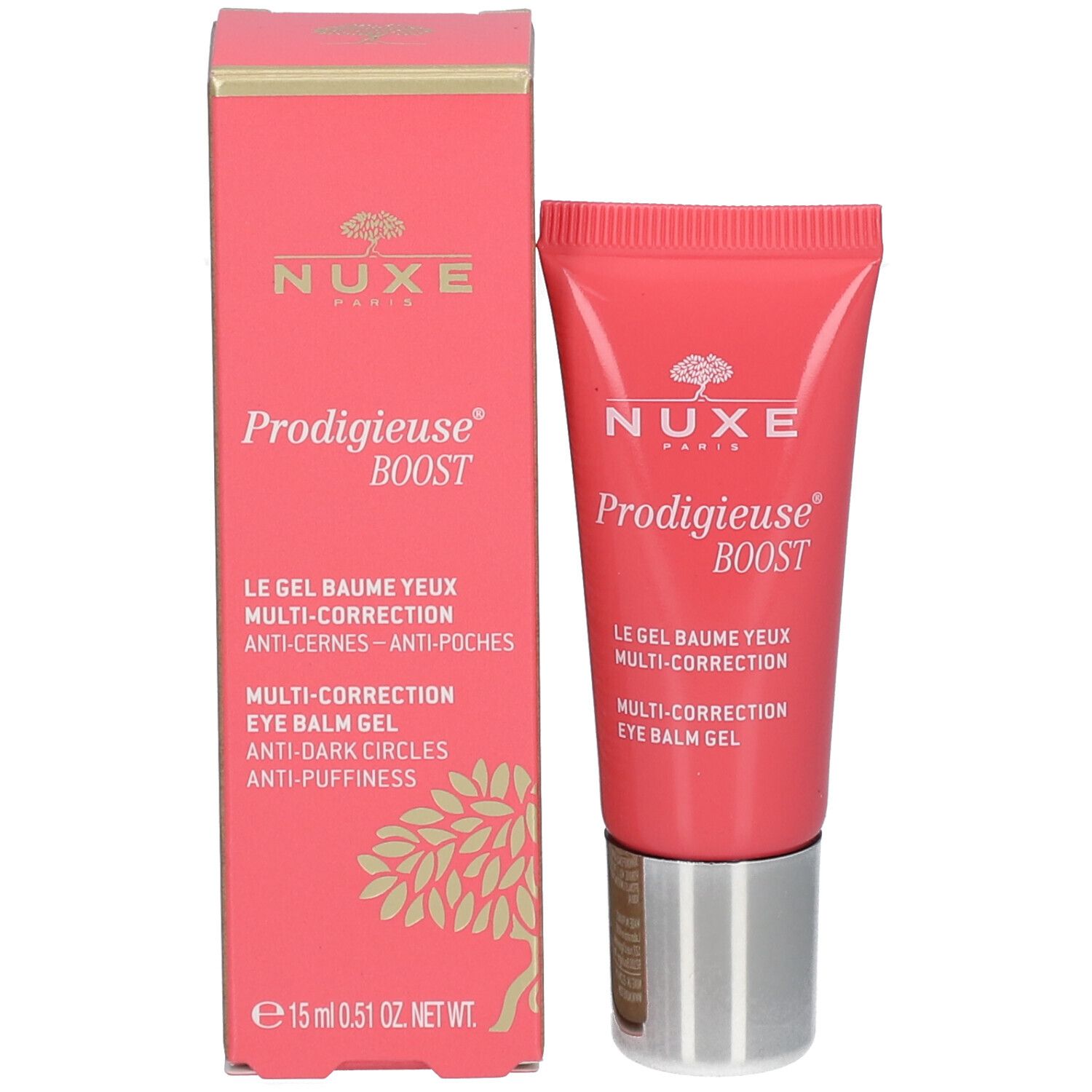 Produit et emballage. Boîte rose et tube. Inscription: Nuxe, Prodigieuse Boost, Gel Baume Yeux.