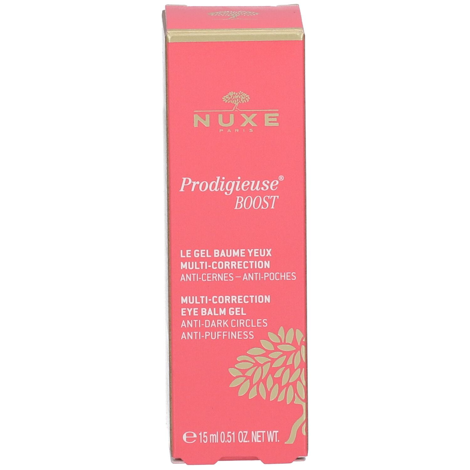 Boîte rose avec nom du produit et logo. Inscription: Nuxe, Prodigieuse Boost, Gel Baume Yeux.