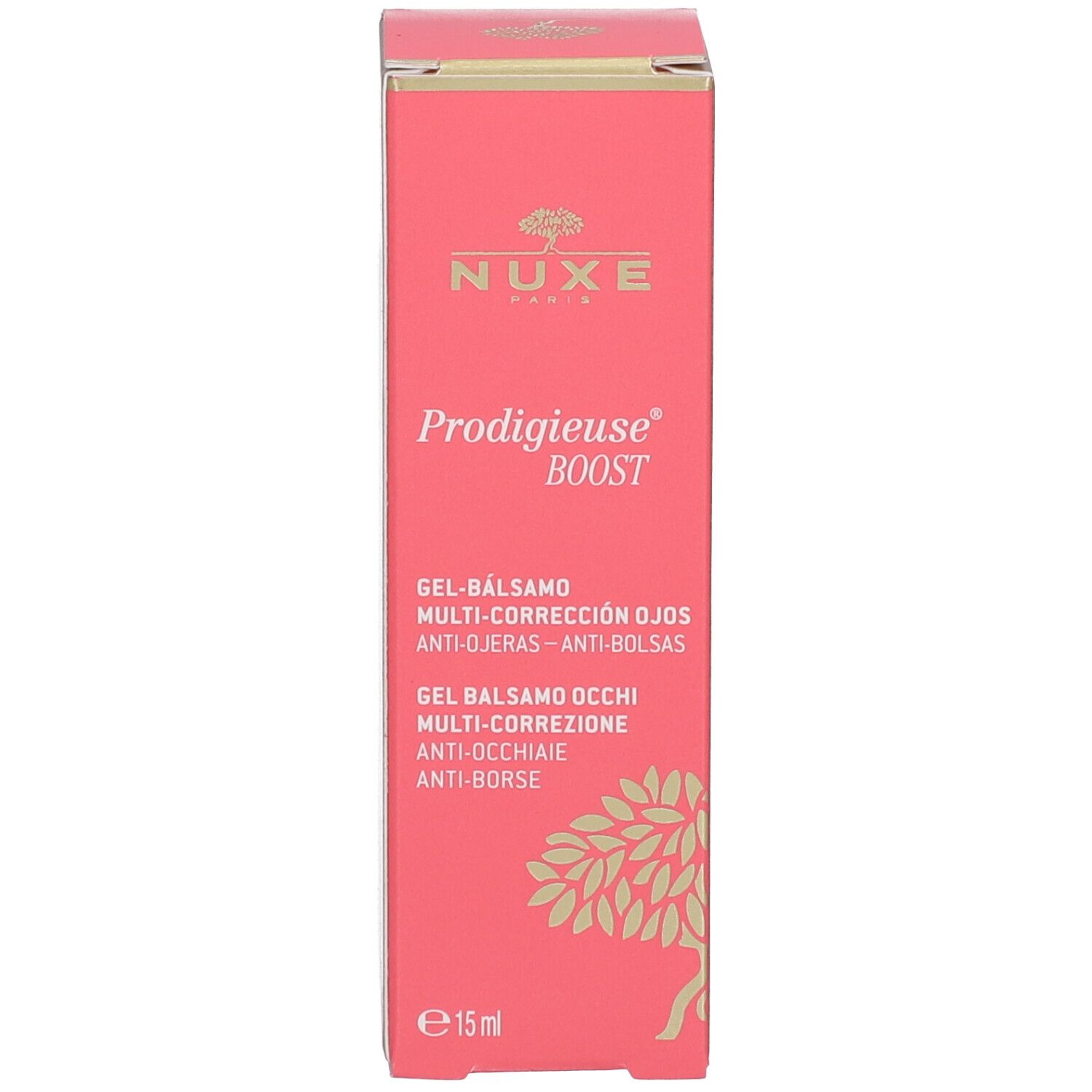 Face avant de la boîte. Nom du produit et logo. Inscription: Nuxe, Prodigieuse Boost, Gel Baume Yeux.