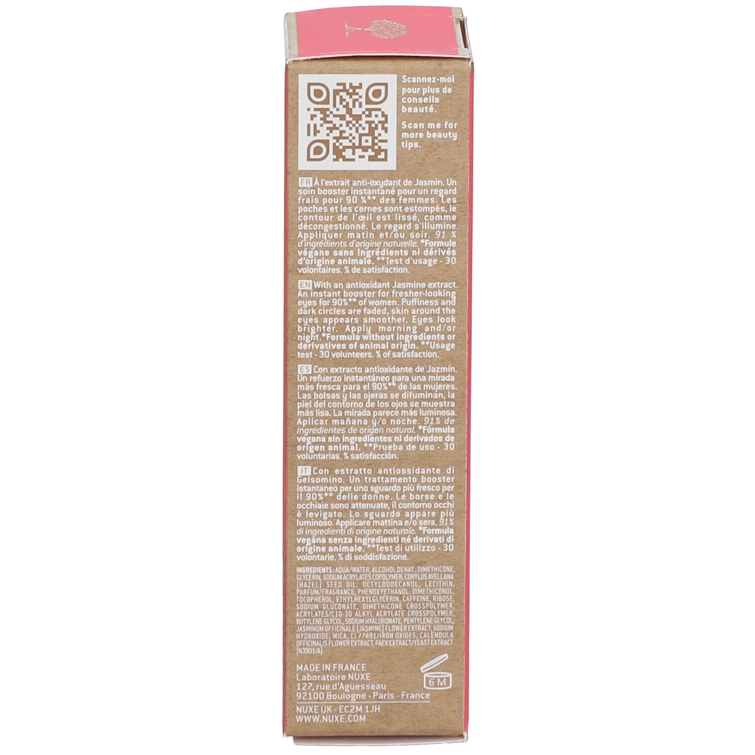 Dos de la boîte. Code QR. Texte multilingue. Informations sur les ingrédients.