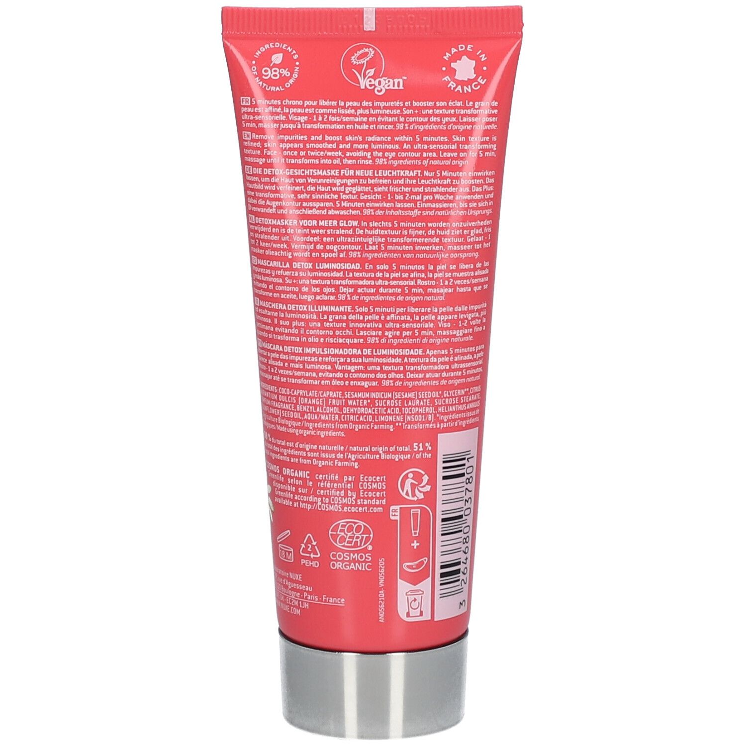 Dos du tube. Texte et logos. Logo vegan. Certification bio. Fabriqué en France. Tube rouge avec bouchon argenté.
