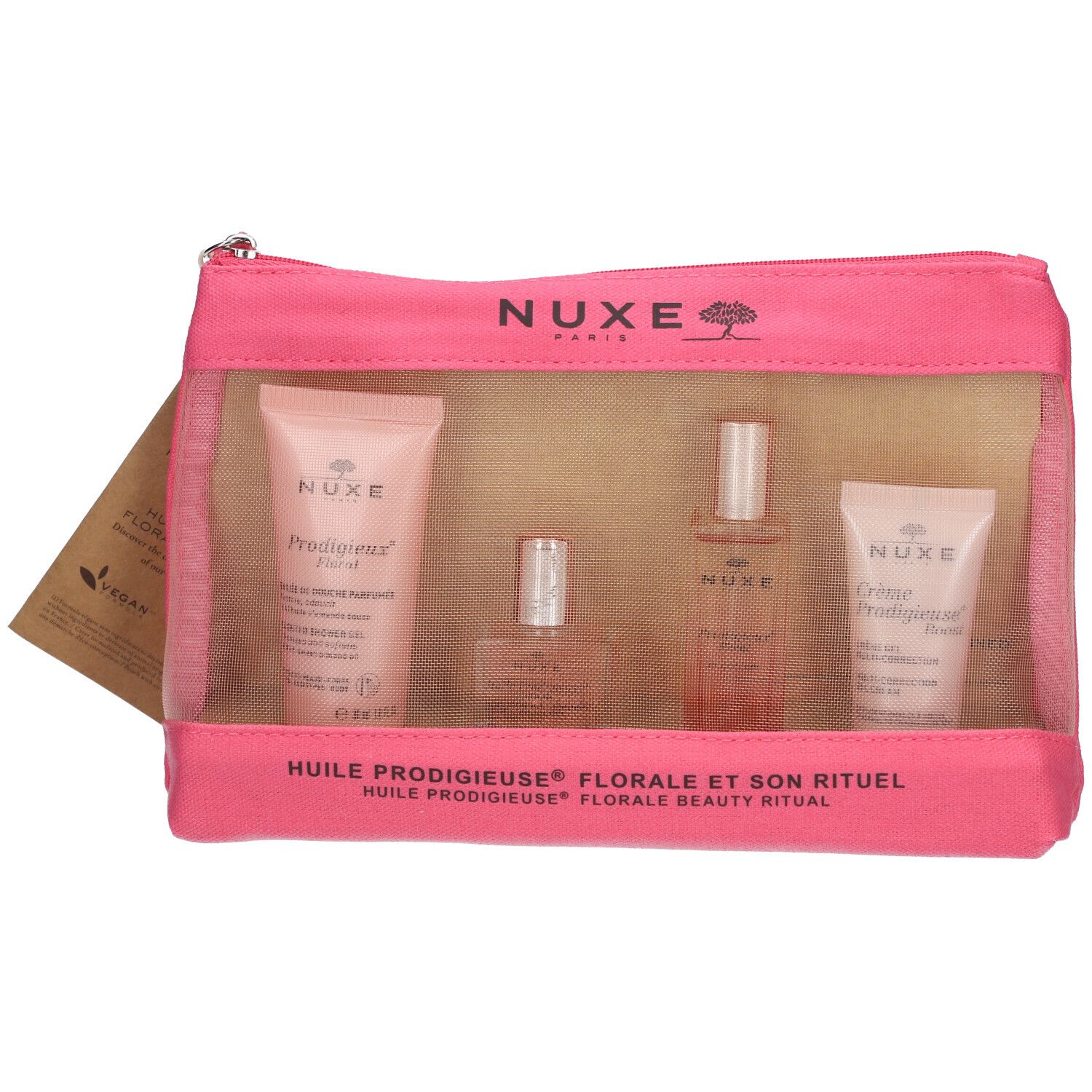 Trousse rose avec insert transparent. Contient quatre produits NUXE. Texte: Huile Prodigieuse Florale et son rituel.