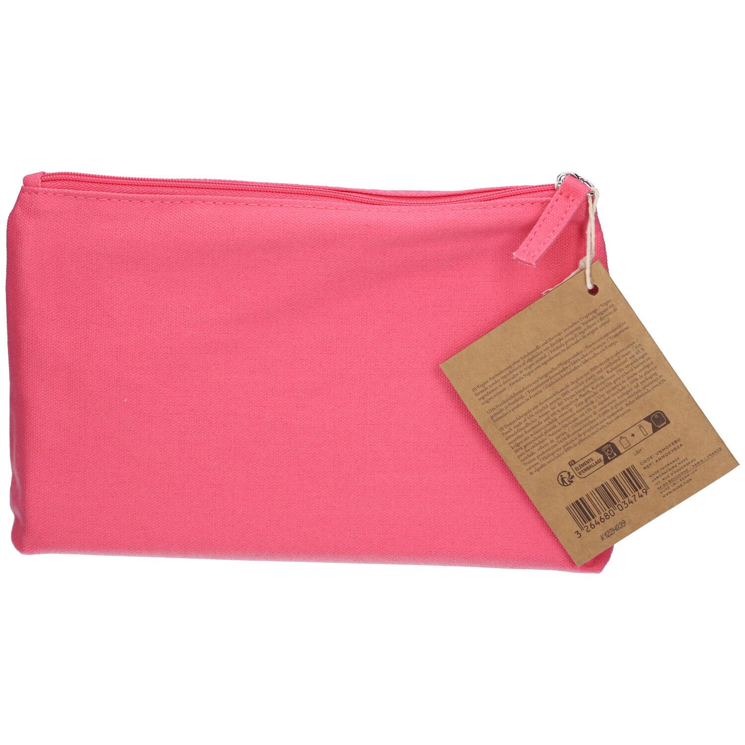 Trousse rose avec fermeture éclair et étiquette. Texte sur l'étiquette.