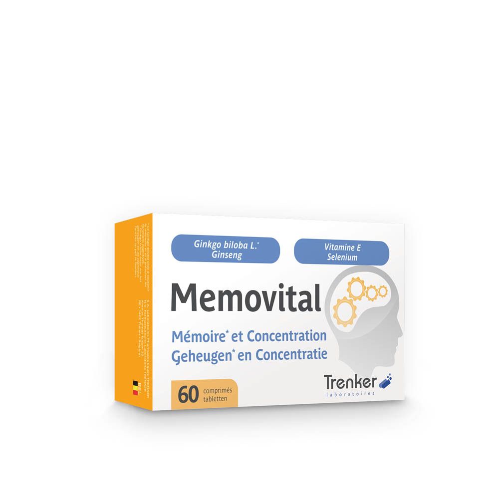 Doosje Memovital tabletten. Blauw-witte verpakking met productnaam en ingrediënten. 60 tabletten.